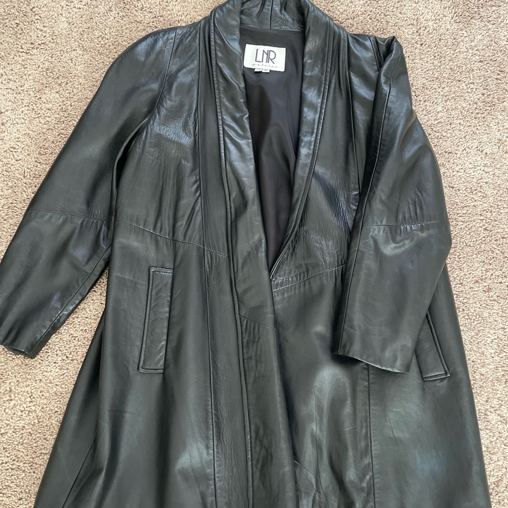 BRAND: LNR Black Leather Jacket with Open Front and Lapel Collar